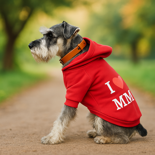 Perro schnauzer con collar de cuero marrón y chompa roja, producto de Peluchín Store.